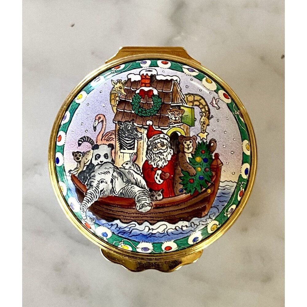 Neiman Marcus Halcyon Christmas 1999 Trinket Box Santa In Noah’s Ark Enamel